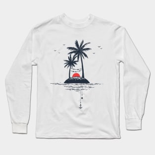 Beach. Palms. Sunset and Anchor. Geometric Style Long Sleeve T-Shirt